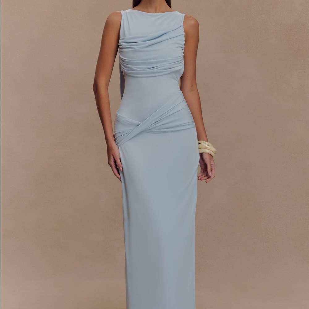 Meshki Blue Ruched Asymmetrical Maxi Dress